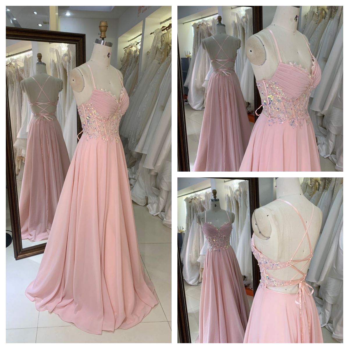 2026 Pink Color A-Line Ball Gown Floor-Length Party Evening Dress Embroidery Flowers with Lace up Back