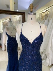 Navy Blue Embroidered Flowers Mermaid Prom Evening Dress with V Neck Ball Gown Sweep for Annual Meeting Party Ceremonies