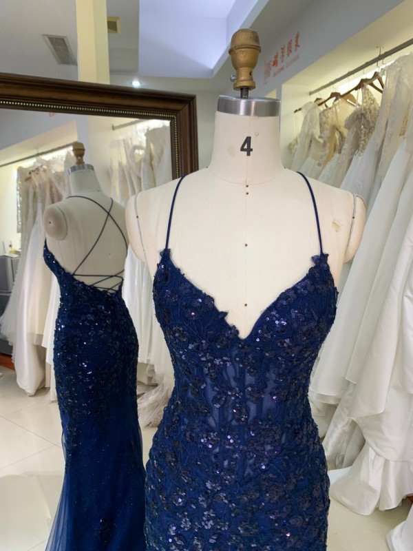 Navy Blue Embroidered Flowers Mermaid Prom Evening Dress with V Neck Ball Gown Sweep for Annual Meeting Party Ceremonies