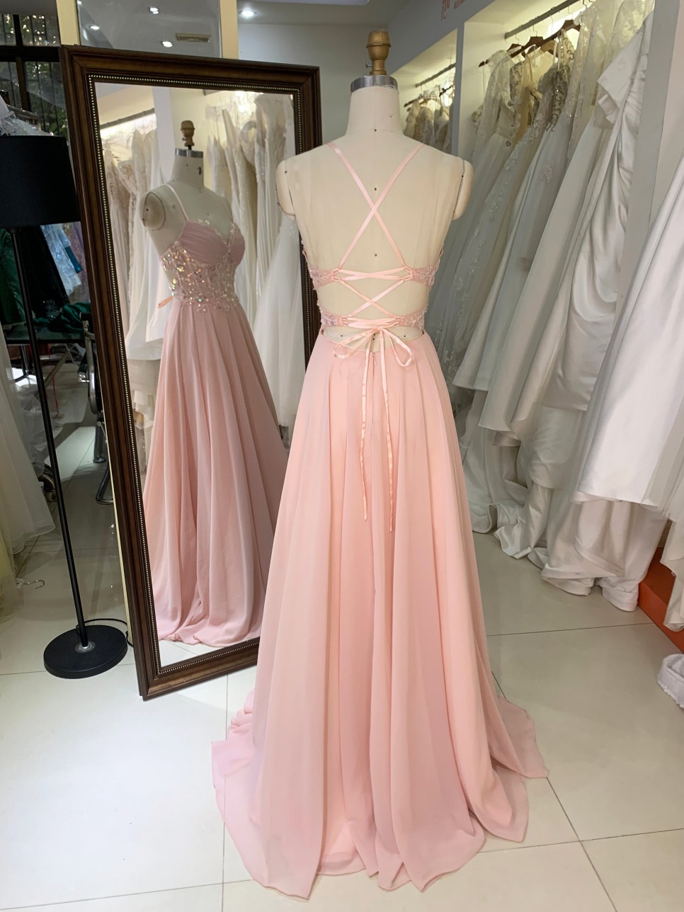 2026 Pink Color A-Line Ball Gown Floor-Length Party Evening Dress Embroidery Flowers with Lace up Back