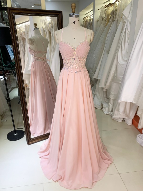 2026 Pink Color A-Line Ball Gown Floor-Length Party Evening Dress Embroidery Flowers with Lace up Back