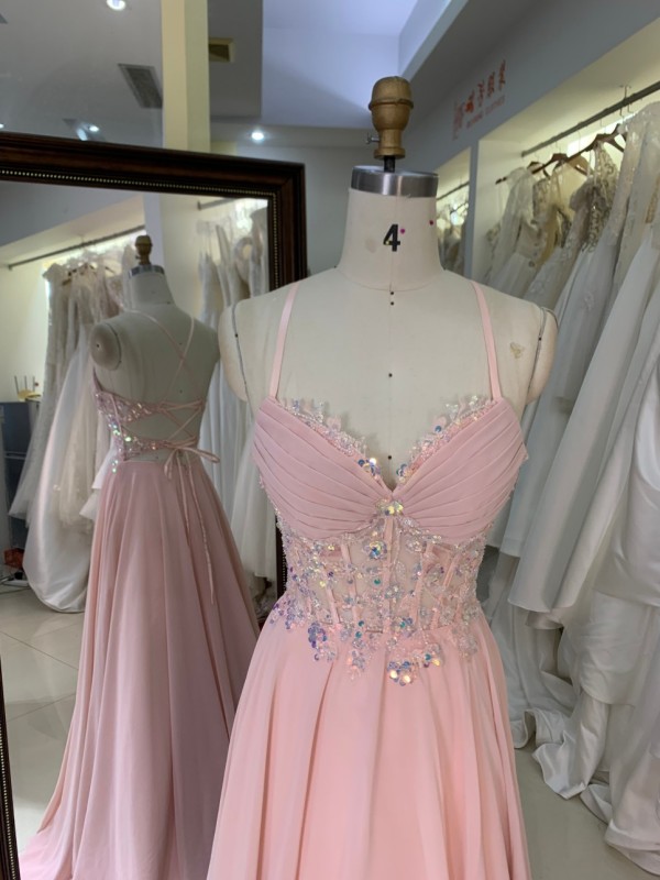 2026 Pink Color A-Line Ball Gown Floor-Length Party Evening Dress Embroidery Flowers with Lace up Back