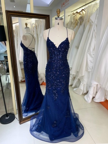 Navy Blue Embroidered Flowers Mermaid Prom Evening Dress with V Neck Ball Gown Sweep for Annual Meeting Party Ceremonies