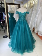 2025 New Teal A-Line Off-the-Shoulder Tulle Floor-Length Beading Lace Romantic Natural Waist Prom Evening Dresses
