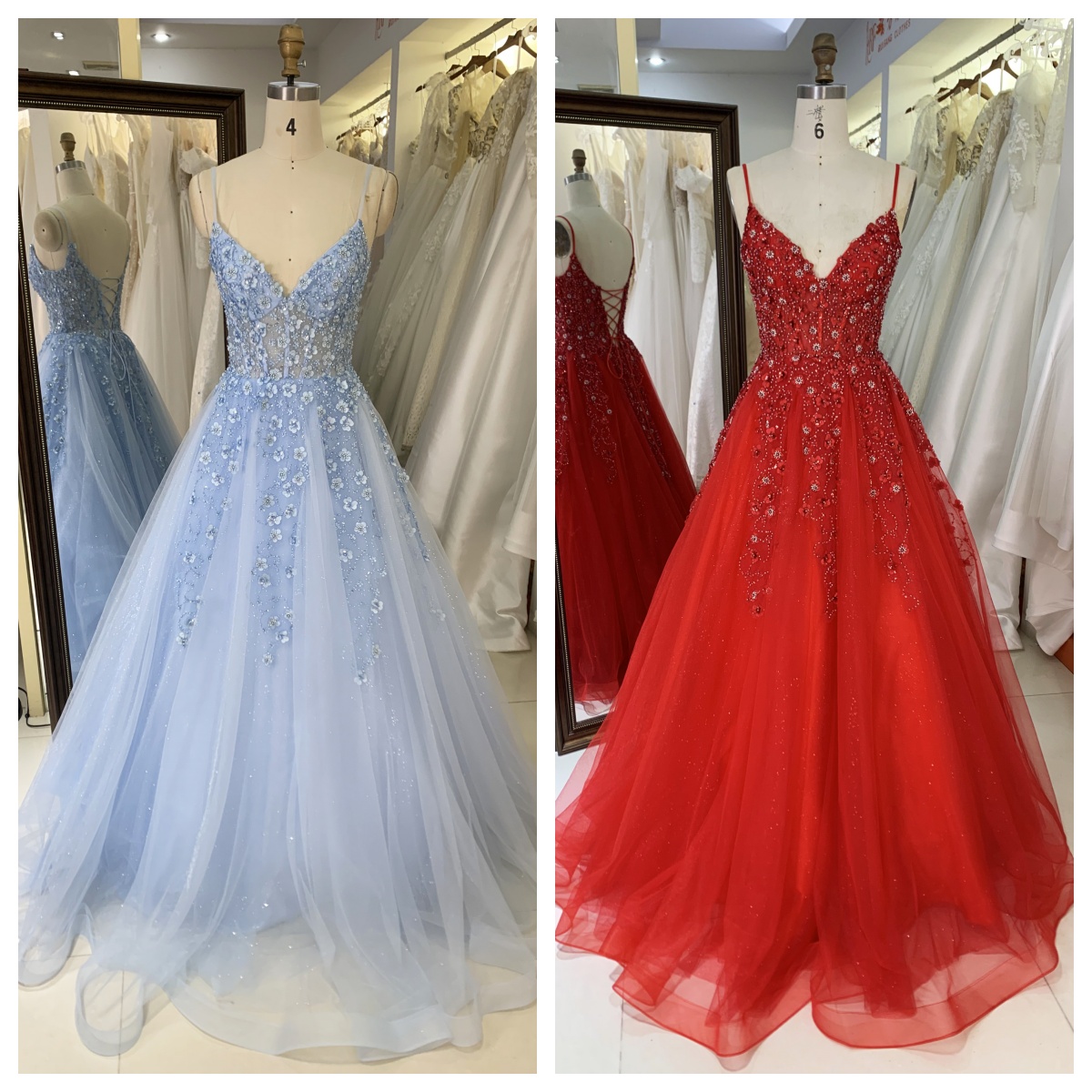 Factory Wholesale Light Blue Red Embroidery Corset a Line Prom Princess Tulle Ball Gown