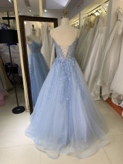 Factory Wholesale Light Blue Red Embroidery Corset a Line Prom Princess Tulle Ball Gown
