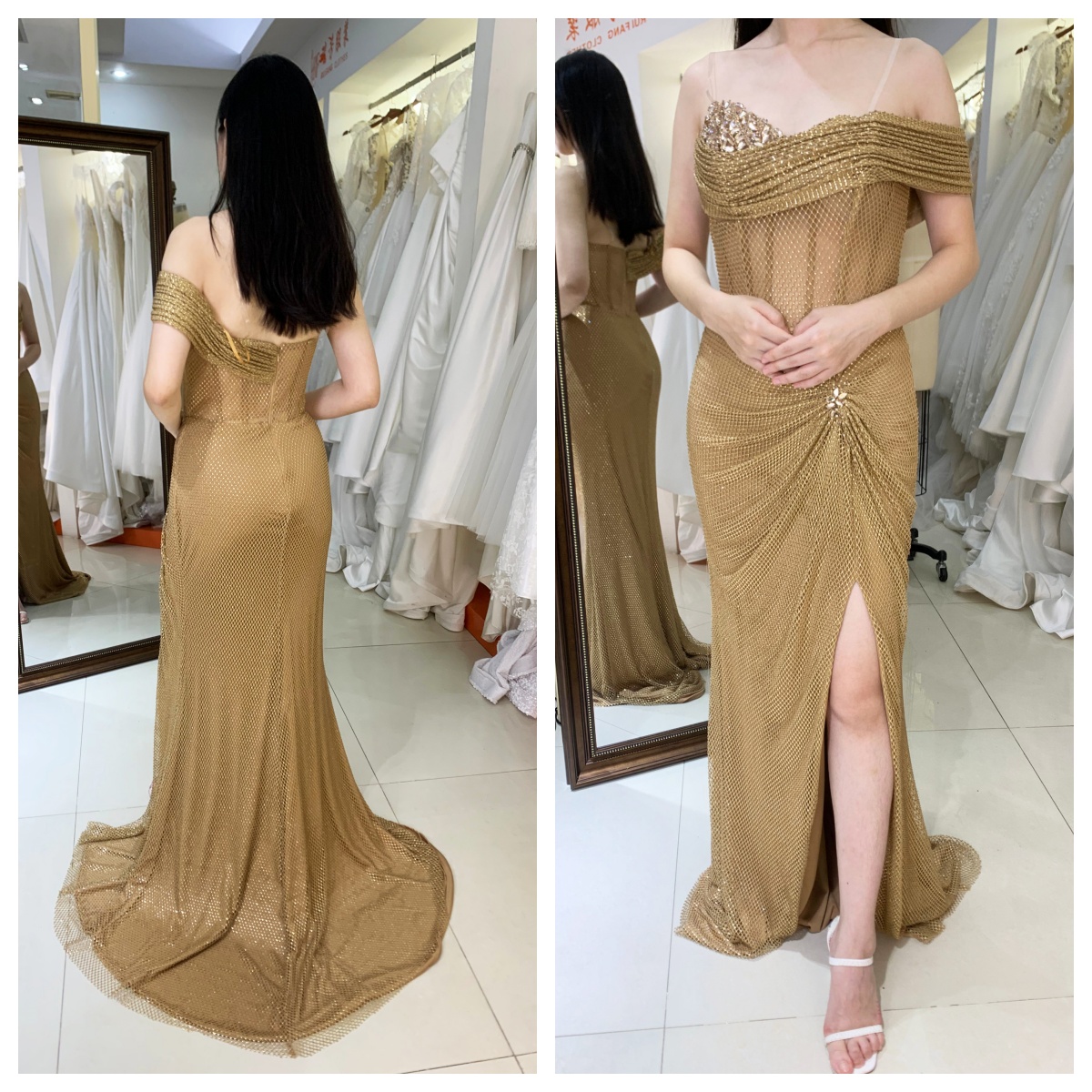 2025 Chic Champagne Bead One Shoulder Design High Slit Ruched Floor-Length Mermaid Prom Dress Pleated Design Zipper Back Satin
