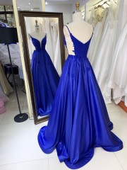 Factory Wholesale Royal Sleeveless Shiny Satin Embroidery See Through a Line Prom Dresses