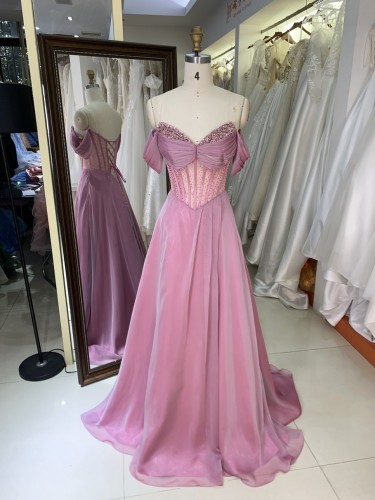 New Dusty Rose off the Shoulder Boning Design Mermaid Sequined Sweep Train Evening Prom Formal Gown Dress Elegant Party