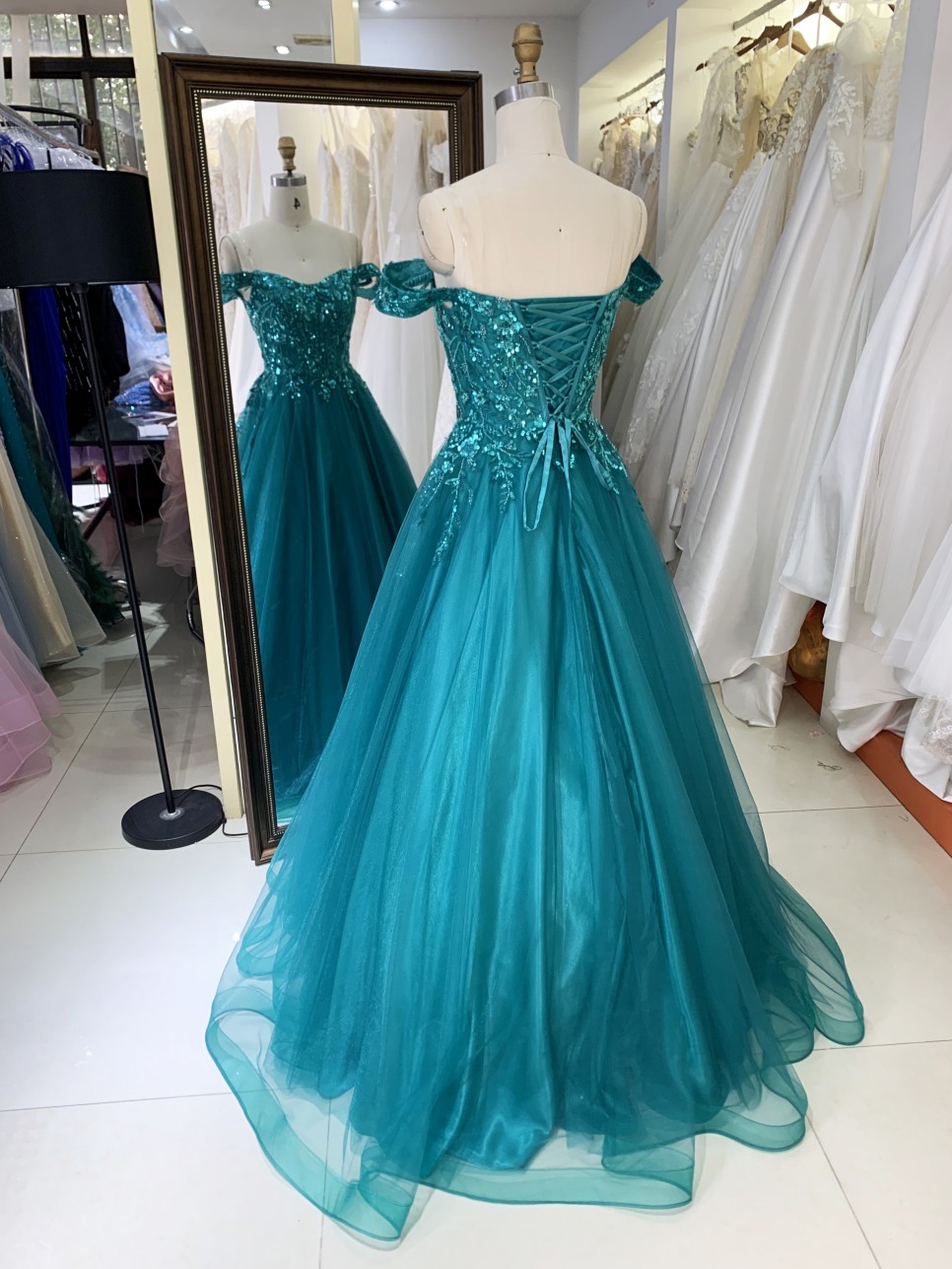 2025 New Teal A-Line Off-the-Shoulder Tulle Floor-Length Beading Lace Romantic Natural Waist Prom Evening Dresses