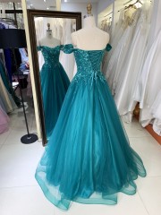 2025 New Teal A-Line Off-the-Shoulder Tulle Floor-Length Beading Lace Romantic Natural Waist Prom Evening Dresses