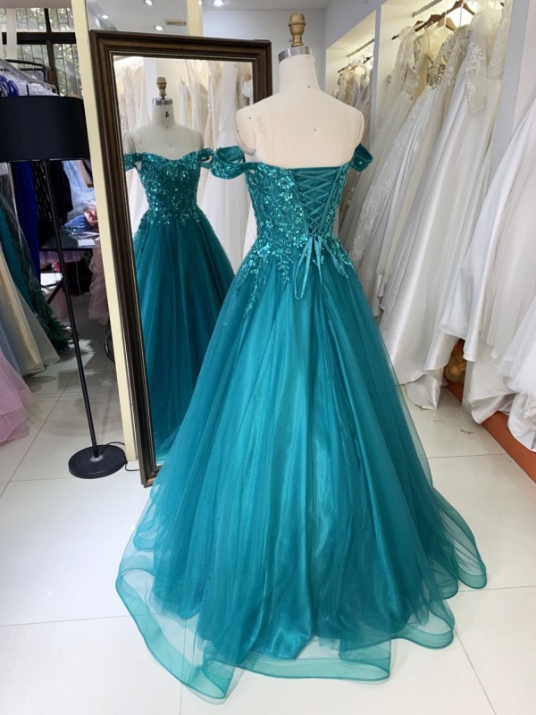 2025 New Teal A-Line Off-the-Shoulder Tulle Floor-Length Beading Lace Romantic Natural Waist Prom Evening Dresses