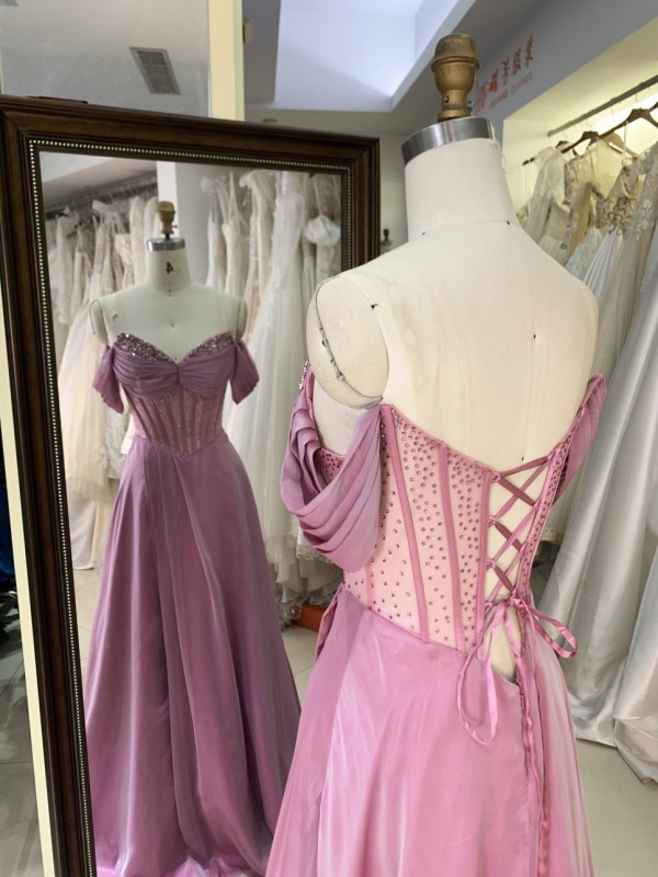 New Dusty Rose off the Shoulder Boning Design Mermaid Sequined Sweep Train Evening Prom Formal Gown Dress Elegant Party