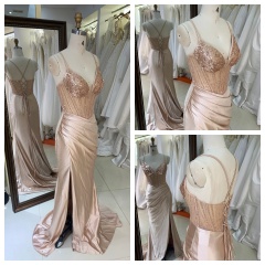Factory Wholesale champagne Corset Sequin Lace up Back Satin Pleated Fitted Prom Dresses with Slit