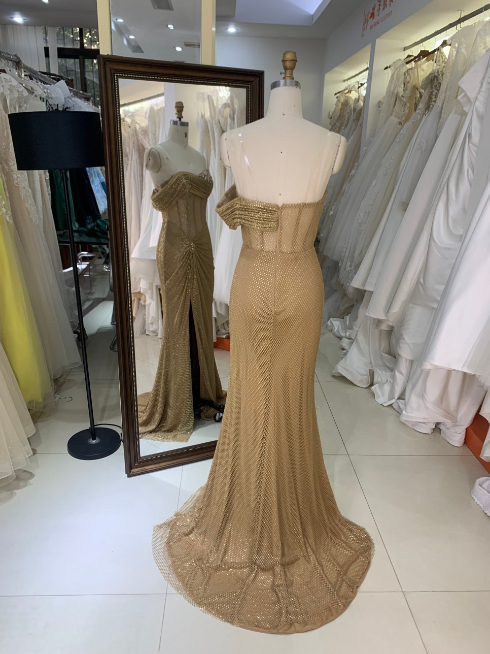 2025 Chic Champagne Bead One Shoulder Design High Slit Ruched Floor-Length Mermaid Prom Dress Pleated Design Zipper Back Satin