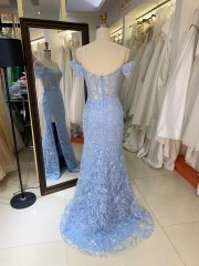 2025 Luxury Smoky Blue Evening Gown for Women Mermaid Prom Dress Shoulder Design Sequins Fabric Draped New Fashion Design