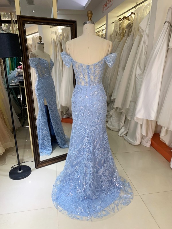 2025 Luxury Smoky Blue Evening Gown for Women Mermaid Prom Dress Shoulder Design Sequins Fabric Draped New Fashion Design