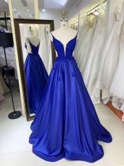 Factory Wholesale Royal Sleeveless Shiny Satin Embroidery See Through a Line Prom Dresses