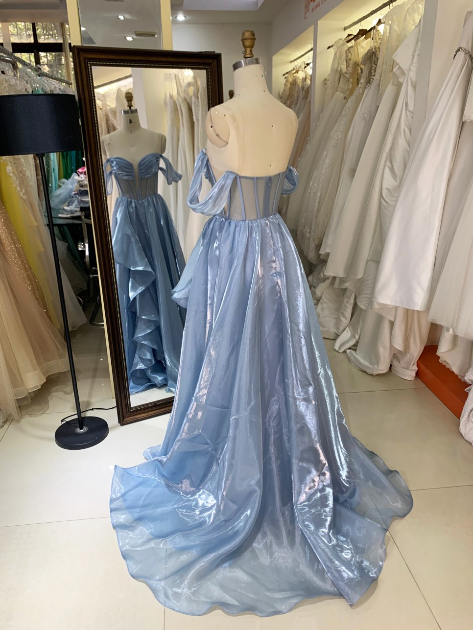 2025 Luxury Satin Mermaid Evening Dresses Smoky Blue Off-Shoulder Ruffle Design Short Formal Party Gowns for Girls