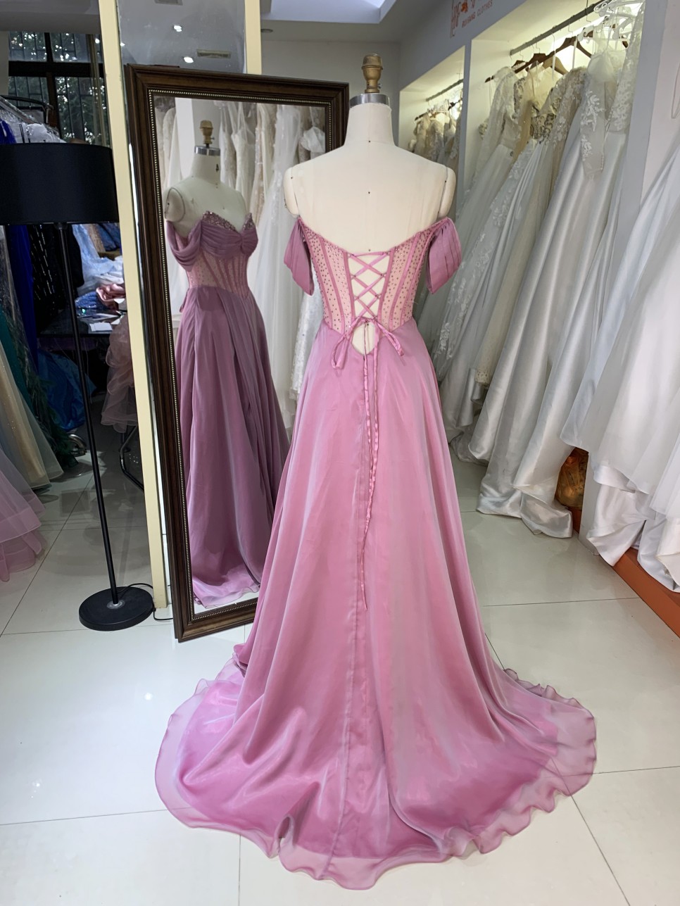 New Dusty Rose off the Shoulder Boning Design Mermaid Sequined Sweep Train Evening Prom Formal Gown Dress Elegant Party