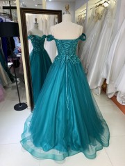 2025 New Teal A-Line Off-the-Shoulder Tulle Floor-Length Beading Lace Romantic Natural Waist Prom Evening Dresses