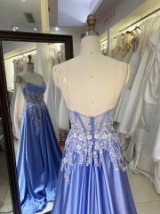 2025 Chic Light Blue Applique Deep V-Neck Floor-Length Mermaid Formal Prom Evening Gown Satin Fabric Embellishment Sweep Train