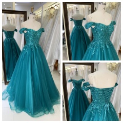 2025 New Teal A-Line Off-the-Shoulder Tulle Floor-Length Beading Lace Romantic Natural Waist Prom Evening Dresses