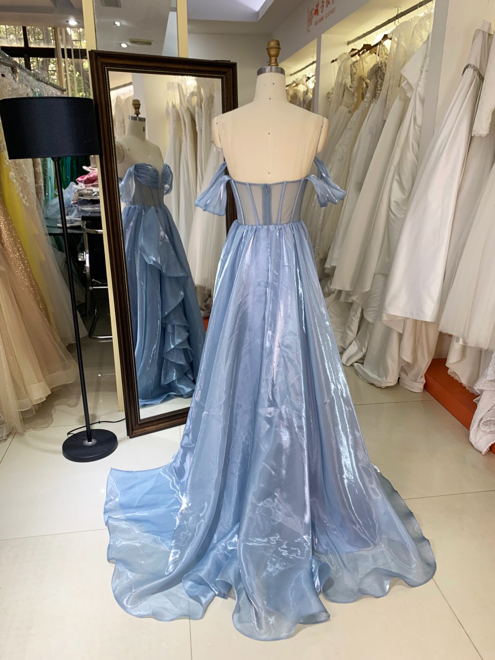 2025 Luxury Satin Mermaid Evening Dresses Smoky Blue Off-Shoulder Ruffle Design Short Formal Party Gowns for Girls