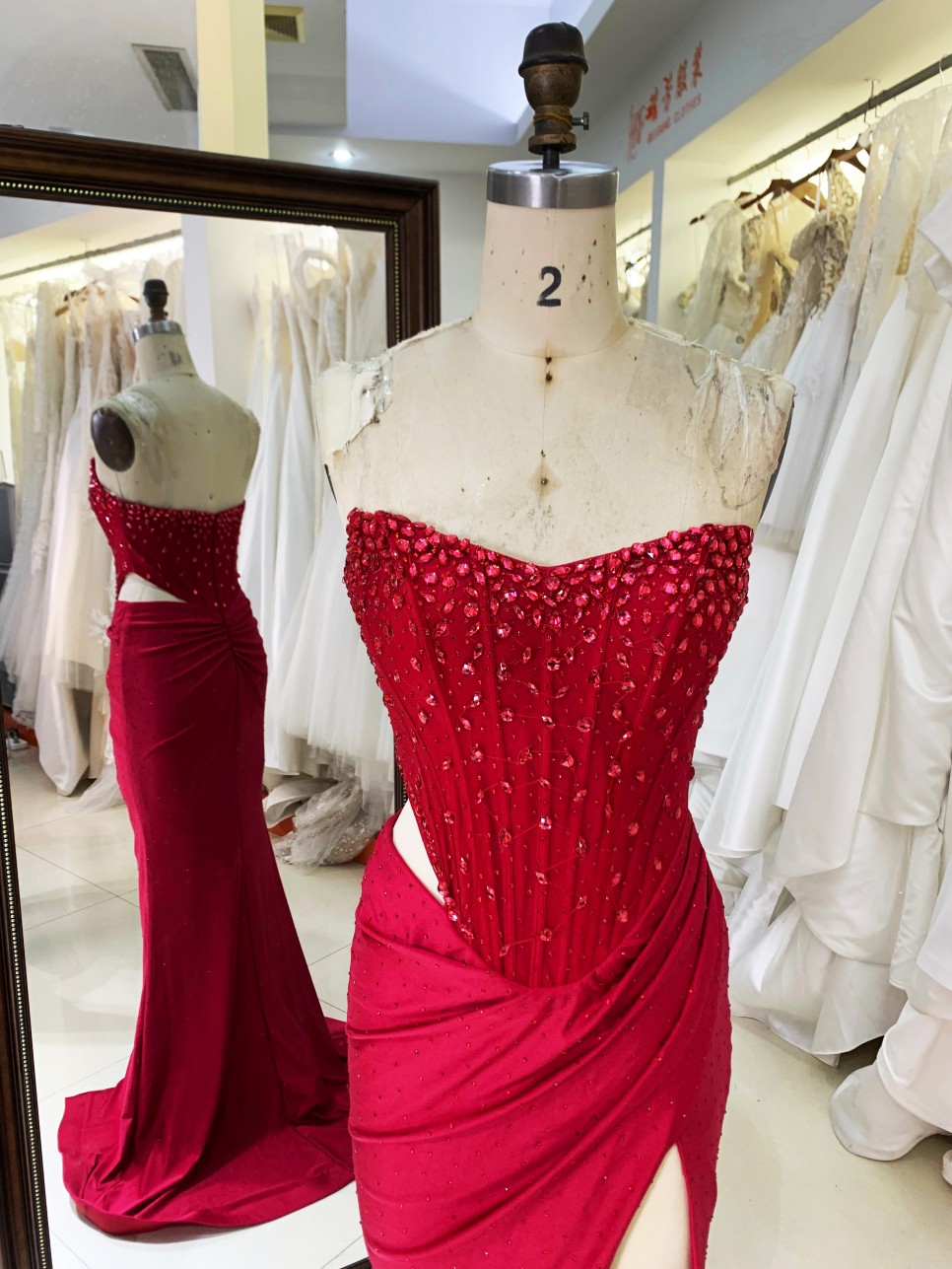 2025 Chic Burgundy Rhinestone Square Collar High Slit Ruched Floor-Length Mermaid Prom Dress Pleated Design Zipper Back Satin XL