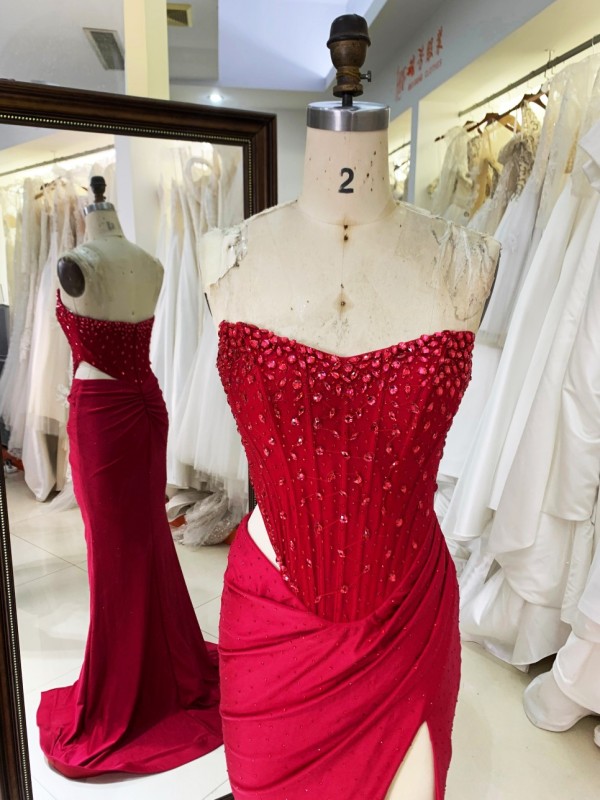 2025 Chic Burgundy Rhinestone Square Collar High Slit Ruched Floor-Length Mermaid Prom Dress Pleated Design Zipper Back Satin XL