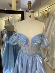 2025 Luxury Satin Mermaid Evening Dresses Smoky Blue Off-Shoulder Ruffle Design Short Formal Party Gowns for Girls