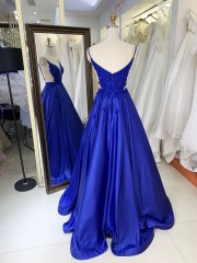 Factory Wholesale Royal Sleeveless Shiny Satin Embroidery See Through a Line Prom Dresses