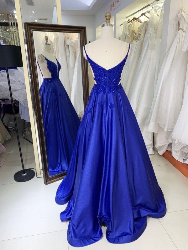Factory Wholesale Royal Sleeveless Shiny Satin Embroidery See Through a Line Prom Dresses