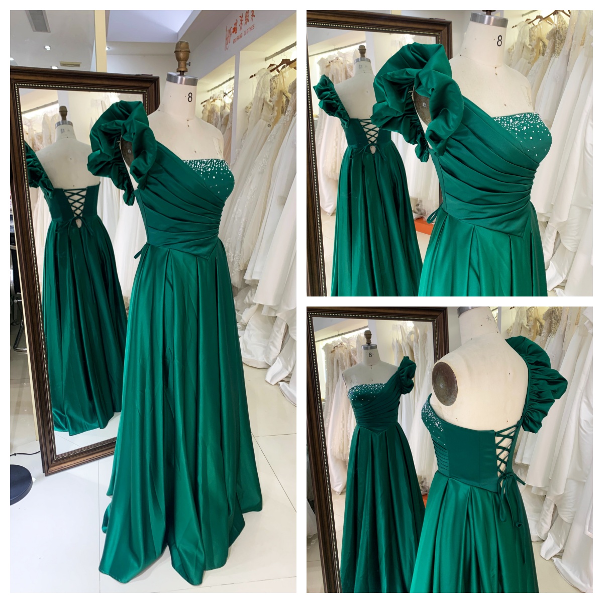 One Shoulder 3D Flower 2026 Hot Designs Manufacturer Satin with Lace up Back Rhinestones Elegant Party Evening Dress