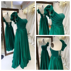 One Shoulder 3D Flower 2026 Hot Designs Manufacturer Satin with Lace up Back Rhinestones Elegant Party Evening Dress