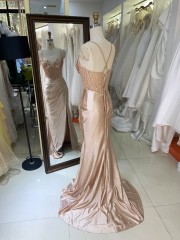 Factory Wholesale champagne Corset Sequin Lace up Back Satin Pleated Fitted Prom Dresses with Slit