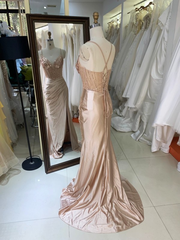 Factory Wholesale champagne Corset Sequin Lace up Back Satin Pleated Fitted Prom Dresses with Slit