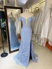 2025 Luxury Smoky Blue Evening Gown for Women Mermaid Prom Dress Shoulder Design Sequins Fabric Draped New Fashion Design