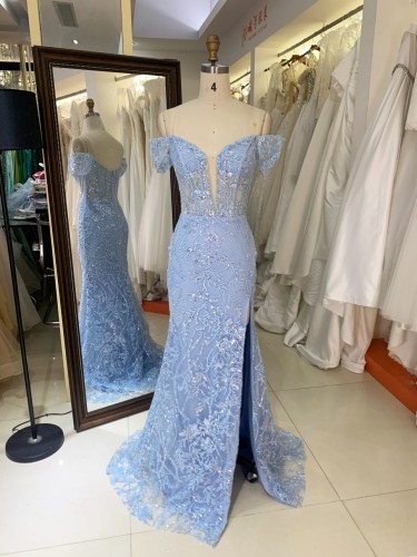 2025 Luxury Smoky Blue Evening Gown for Women Mermaid Prom Dress Shoulder Design Sequins Fabric Draped New Fashion Design