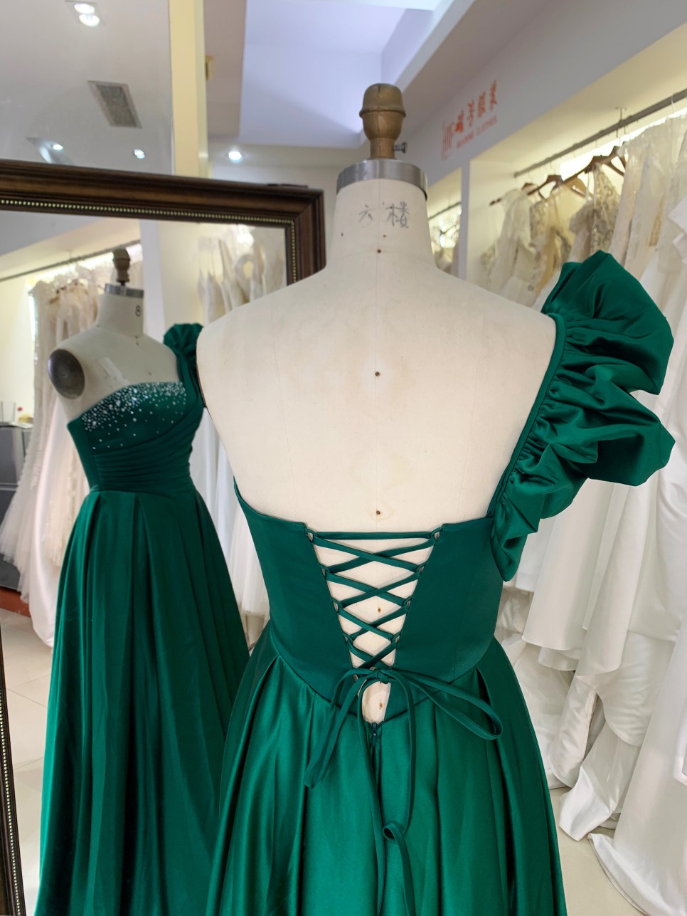 One Shoulder 3D Flower 2026 Hot Designs Manufacturer Satin with Lace up Back Rhinestones Elegant Party Evening Dress