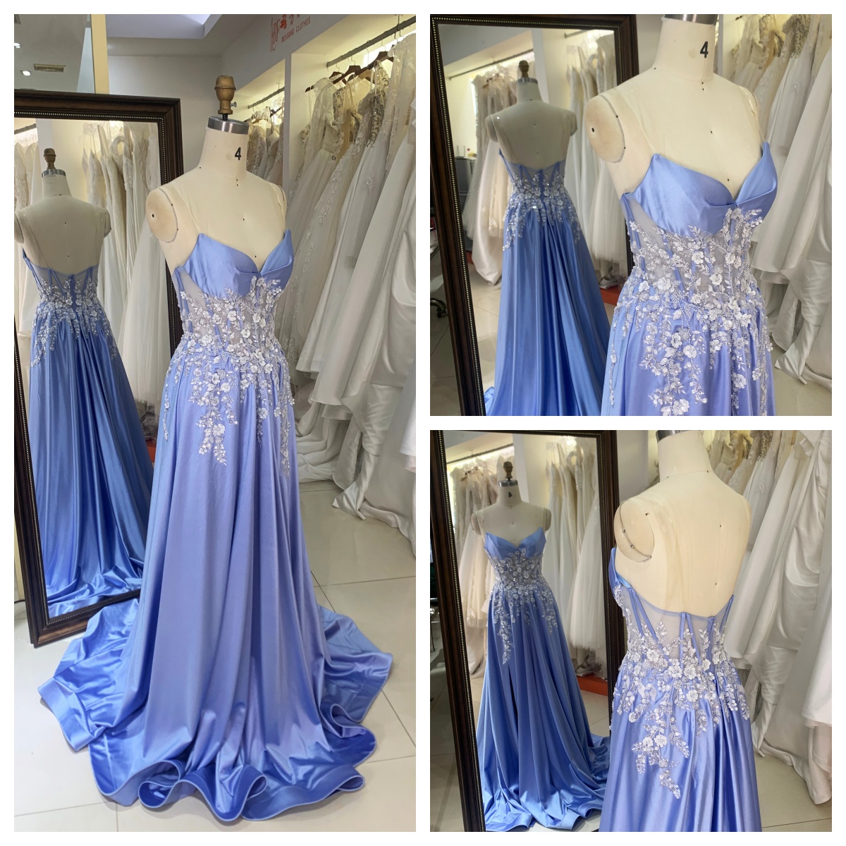 2025 Chic Light Blue Applique Deep V-Neck Floor-Length Mermaid Formal Prom Evening Gown Satin Fabric Embellishment Sweep Train