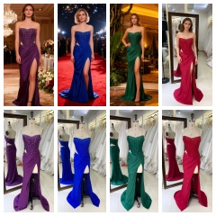 2025 Chic Burgundy Rhinestone Square Collar High Slit Ruched Floor-Length Mermaid Prom Dress Pleated Design Zipper Back Satin XL