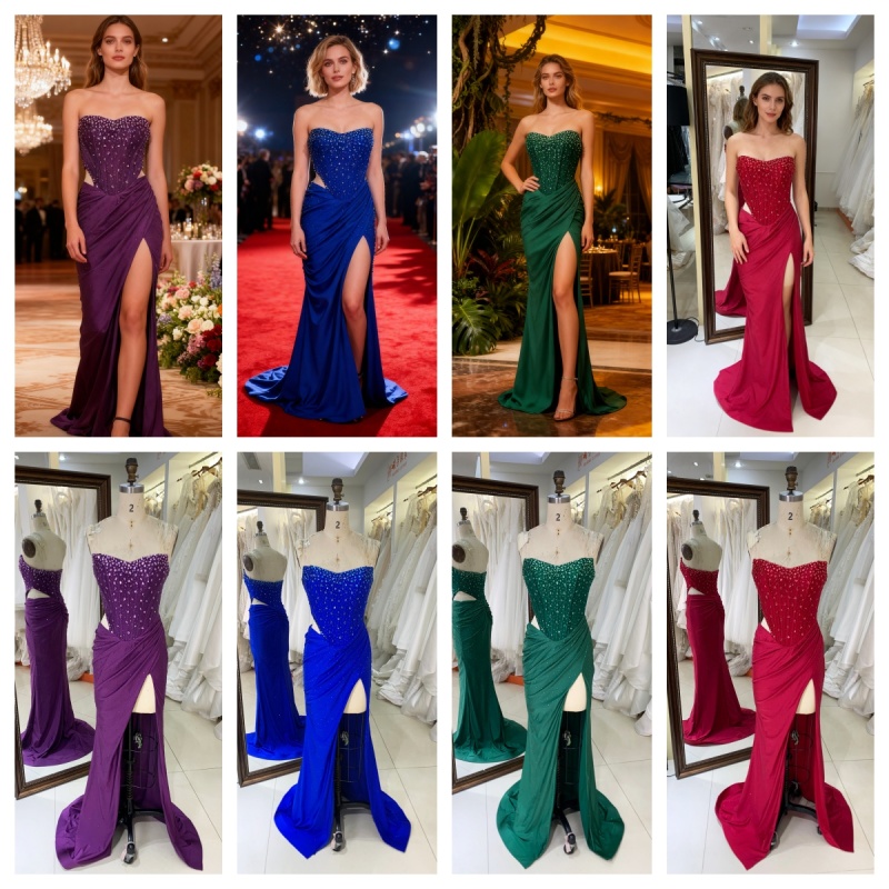 2025 Chic Burgundy Rhinestone Square Collar High Slit Ruched Floor-Length Mermaid Prom Dress Pleated Design Zipper Back Satin XL