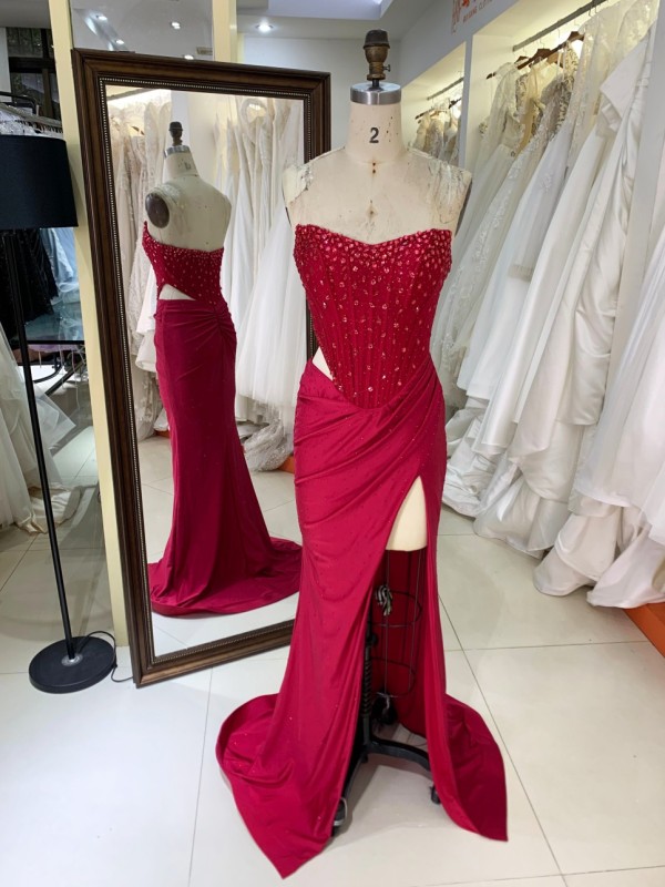 2025 Chic Burgundy Rhinestone Square Collar High Slit Ruched Floor-Length Mermaid Prom Dress Pleated Design Zipper Back Satin XL