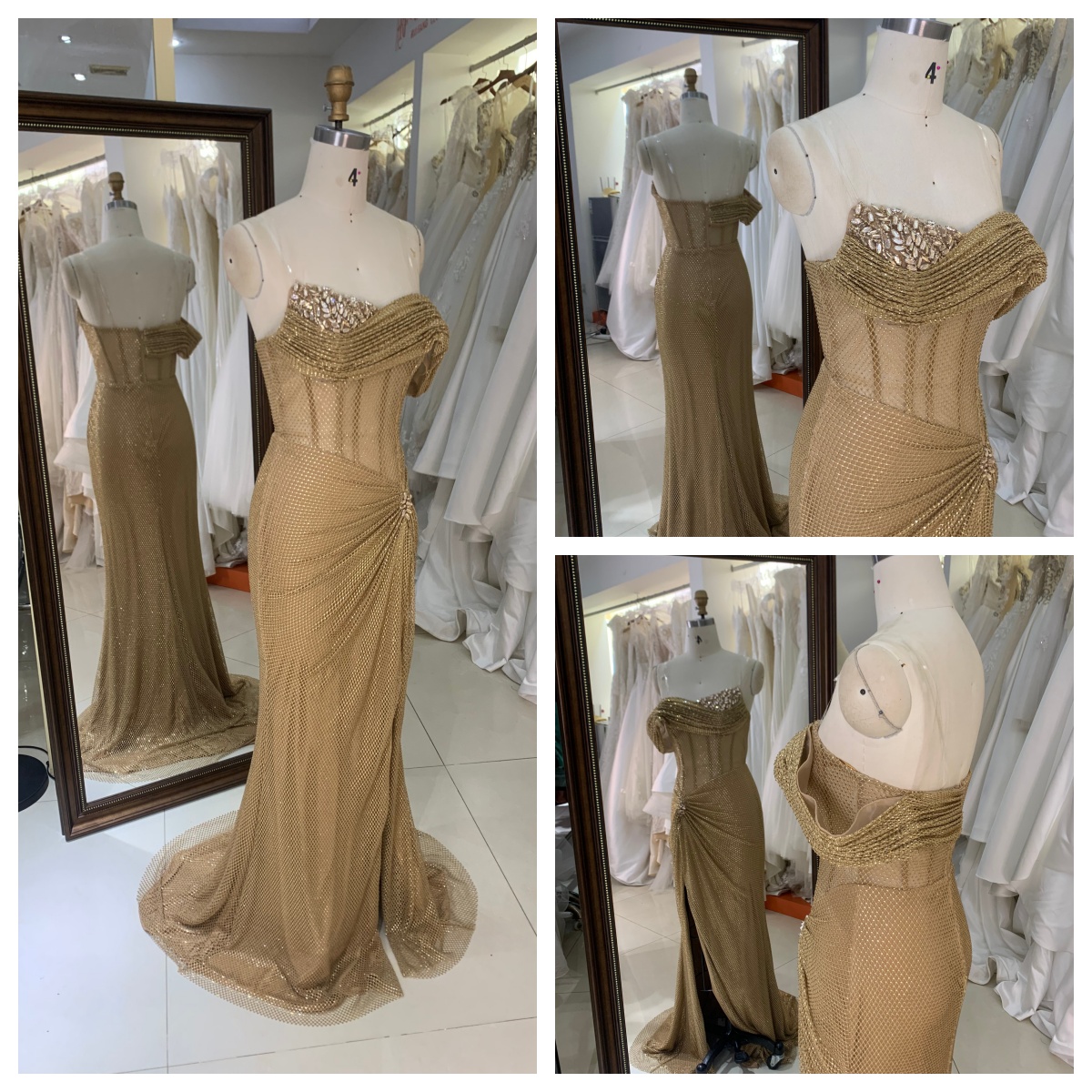 2025 Chic Champagne Bead One Shoulder Design High Slit Ruched Floor-Length Mermaid Prom Dress Pleated Design Zipper Back Satin