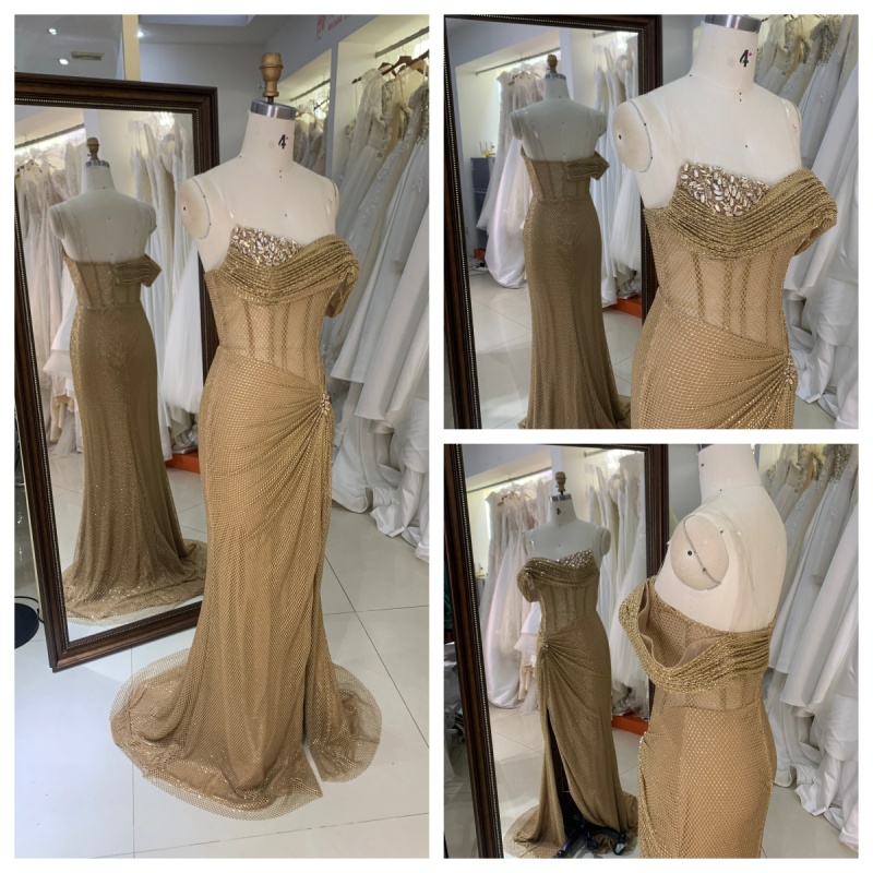 2025 Chic Champagne Bead One Shoulder Design High Slit Ruched Floor-Length Mermaid Prom Dress Pleated Design Zipper Back Satin