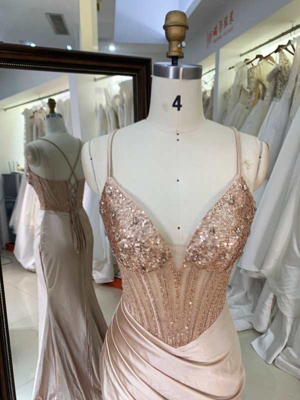Factory Wholesale champagne Corset Sequin Lace up Back Satin Pleated Fitted Prom Dresses with Slit