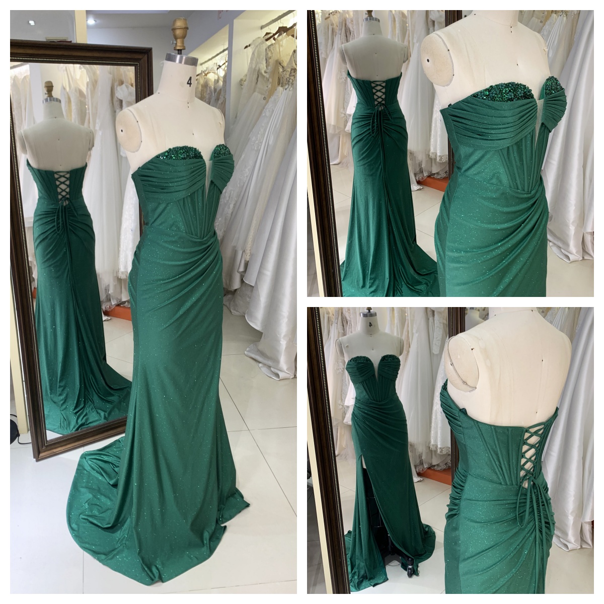 2025 Emerald Green Strapless Long Satin Prom Dresses Sweep Train Evening Party Slit Floor-Length Dress Rhinestone Detail