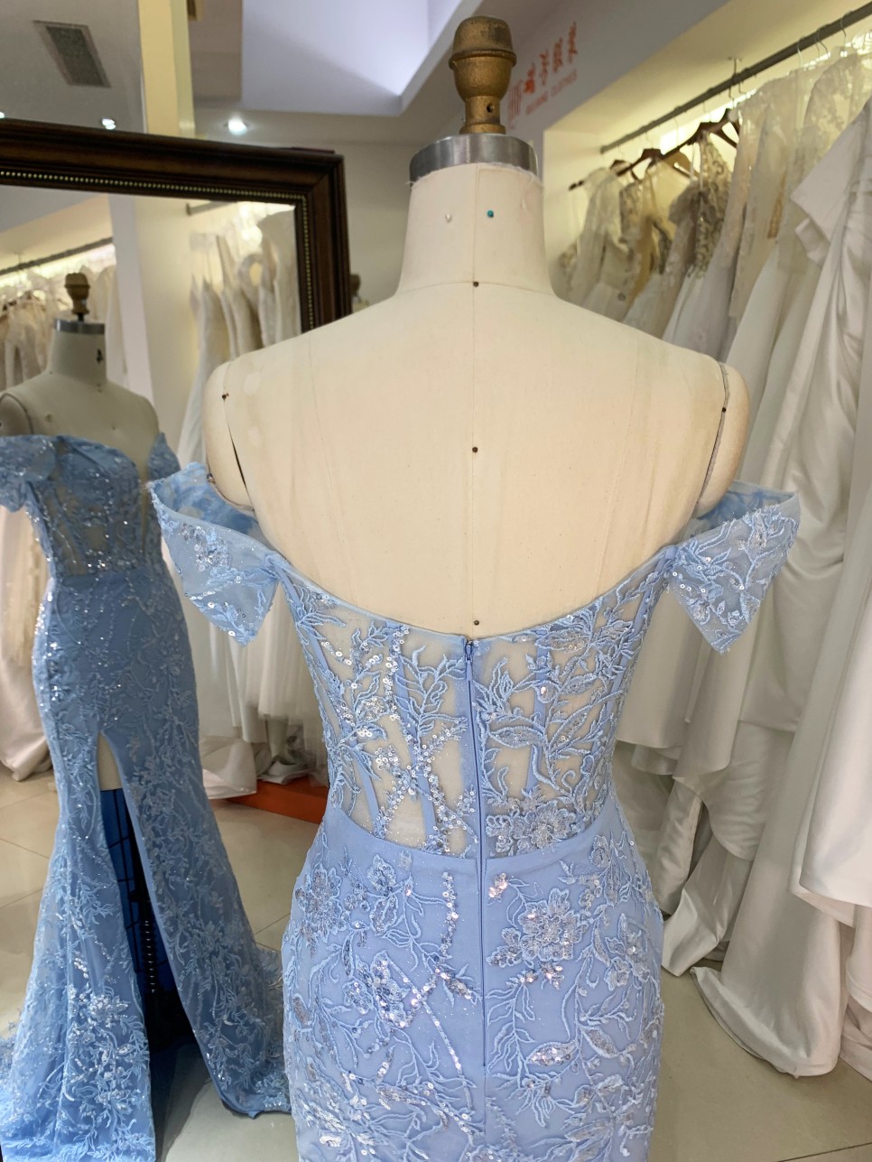 2025 Luxury Smoky Blue Evening Gown for Women Mermaid Prom Dress Shoulder Design Sequins Fabric Draped New Fashion Design