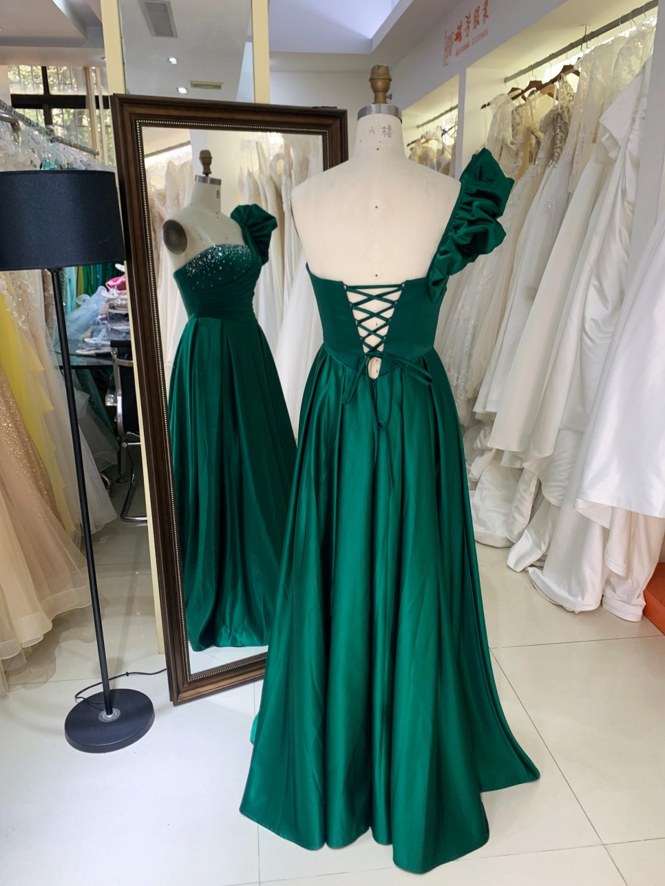 One Shoulder 3D Flower 2026 Hot Designs Manufacturer Satin with Lace up Back Rhinestones Elegant Party Evening Dress